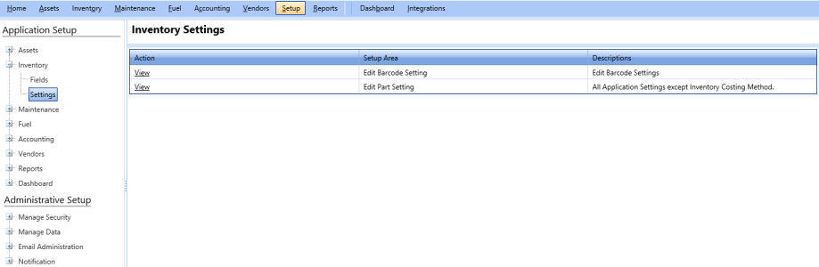 Inventory settings page